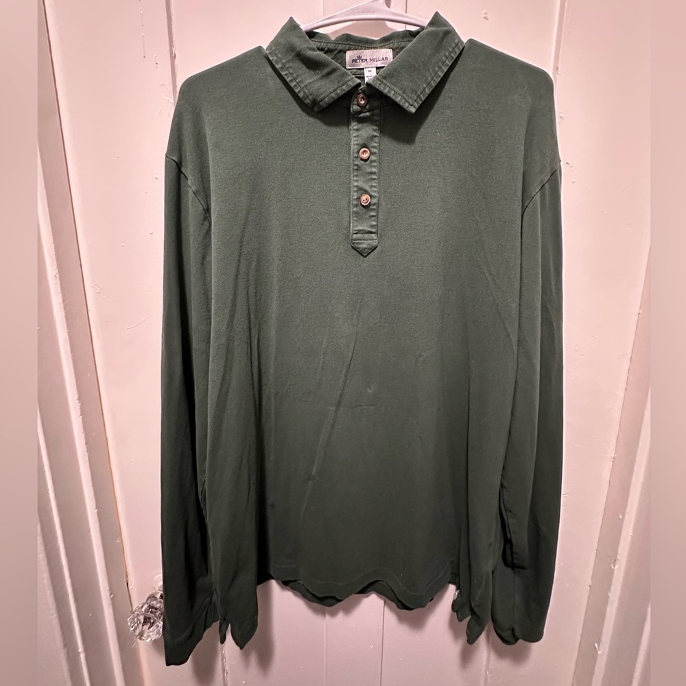 Peter Millar Lava Wash Polo Knit Shirt Long Sleeve Medium Green